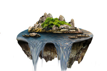 Island in the middle of the sea, trees and rocks floating in the sky.