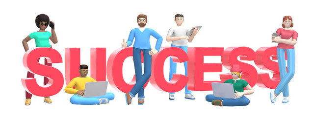 Group of young multiethnic successful people with laptop, tablet, phone and word success on white background. Horizontal banner cartoon character and text website slogan. 3D rendering.