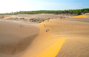 Fototapeta na wymiar Foreign tourists experiencing the high golden sand hill to watch the sunset on top of desert in summer in Mui Ne, Vietnam