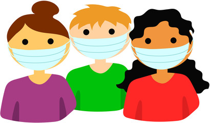 Fototapeta premium Three young cartoon people in medical masks: girl in purple and with a bun on her head, boy in green and black skin girl in red with wavy black hair. Vector graphics, illustration