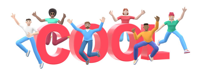 The word cool on a white background. Group of young multicultural happy people jump and dance together. Horizontal banner cartoon character and website slogan. 3D rendering.