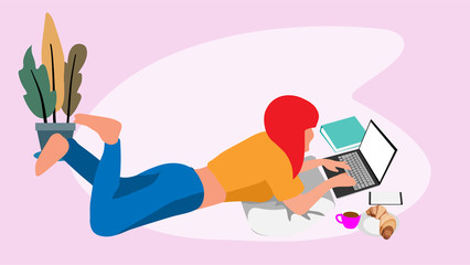 The minimal cartoon illustration picture of a woman working from home. ( vector )