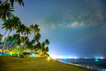 Midnight sea landscape with coconut palm tree Silhouette and Milky Way in the sky on a beautiful...