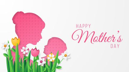 Happy mother's day greeting card with flowers and grass papercut style. Vector illustration.
