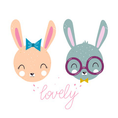 lovely. Cartoon bunnies, hand drawing lettering, decor elements. Colorful vector illustration for kids, flat style. baby design for cards, t-shirt print, poster
