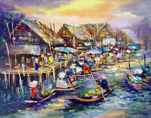 Fototapeta na wymiar Art painting Oil color Floating market , rural life , rural thailand