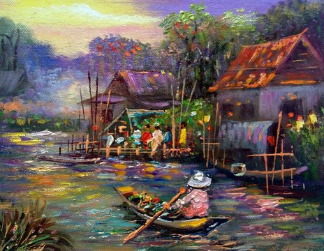 Art painting Oil color Floating market  , rural life , rural thailand