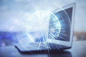 Double exposure of business theme icons and work space with computer background. Concept of success.