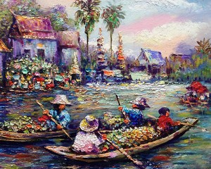 Fototapeta na wymiar Art painting Oil color Floating market Thailand , rural thailand