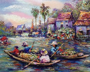 Fototapeta na wymiar Art painting Oil color Floating market Thailand , dumnoen saduak
