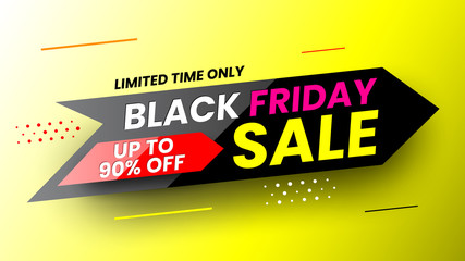 Black friday sale banner with stripes and dots on yellow background. Vector illustration.