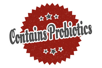contains probiotics sign. contains probiotics round vintage retro label. contains probiotics