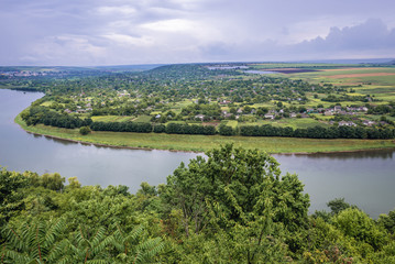 Fototapeta na wymiar Aerial view from hill in Soroca, Moldova on Dniester River, border between Moldova and Ukraine