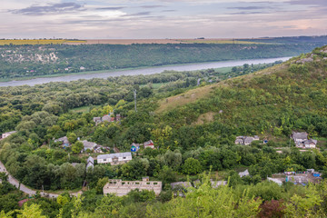Fototapeta na wymiar Aerial view with Dniester River, separated Moldova and Transnistria breakaway state, view from a hill in Saharna village, Moldova