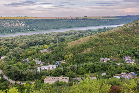 Aerial view with Dniester River, separated Moldova and Transnistria breakaway state, view from a hill in Saharna village, Moldova
