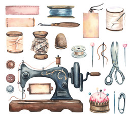 Watercolor hand painted sewing collection- sewing machine, ribbons, needle, thread, scissors in vintage\retro stile. Set of sewing elements. Big collection watercolor sewing elements. 