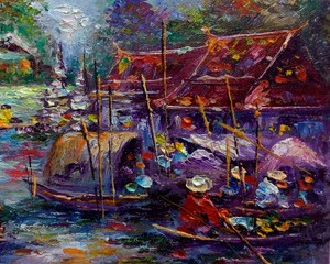 Art painting Oil color  dumnoen saduak  floating market  at   Thailand