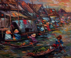Art painting Oil color Floating market Thailand  