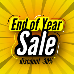 End of year sale banner on striped background, discount 30%. Vector illustration.