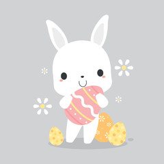 Cute white bunny rabbit holding pink Easter egg. Flat vector illustration.