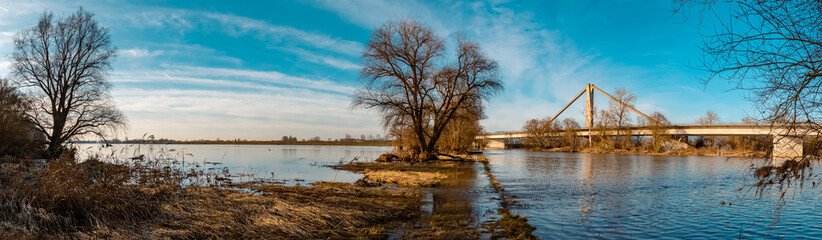 High resolution stitched panorama of a beautiful winter view with flood damage near Mettenufer, Danube, Bavaria, Germany