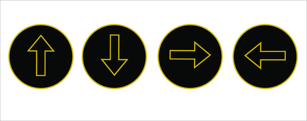 Four Black circle with gold metallic arrow vectors illustration button icon pointed up, down, left, right.	