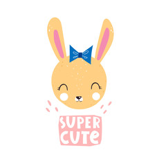 super cute. Cartoon bunny, hand drawing lettering, decor elements. Colorful vector illustration for kids, flat style. baby design for cards, t-shirt print, poster