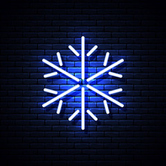 Glowing neon snowflake on brick wall. Vector illustration.
