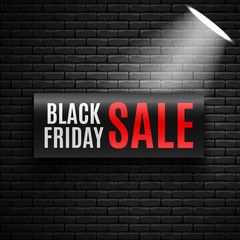 Fototapeta premium Black friday sale banner with spotlight on brick wall. Vector illustration.