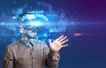 Fototapeta premium Businessman looking through Virtual Reality glasses with WEB DESIGN inscription, innovative technology concept