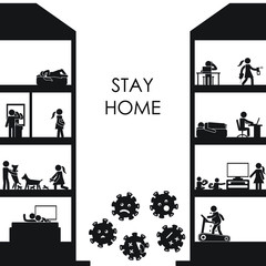 Home quarantine illustration with stick people. Stay home Coronavirus illustration. Vector.