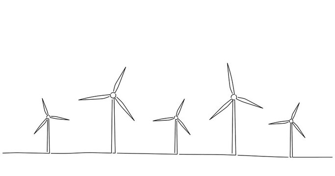 Windmills line drawing, animated illustration design. Climate change collection.