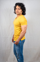 indian male model wearing yellow tshirt