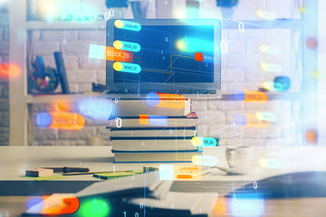 Multi exposure of desktop computer and technology theme hologram. Concept of software development.