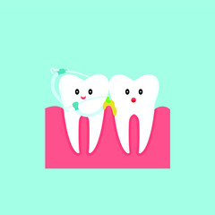 Cute cartoon family tooth character cleaned by dental floss. Dental care concept. Illustration isolated on blue background.