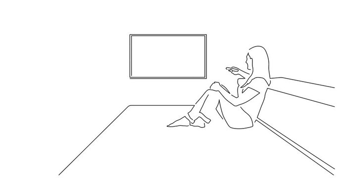 Woman watching tv line drawing, animated illustration design.