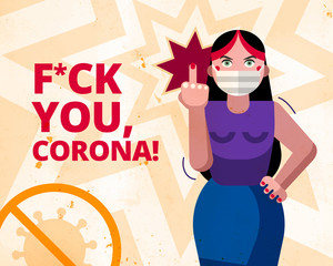 Woman with surgical mask showing the finger with text: “Fuck you, corona” illustration