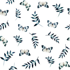 Seamless pattern leaves and butterflys. Hand draw dark branch and blue butterflys isolated on white background. Lovely blue pattern for print on paper, textile, books, dishes, dress, wedding cards.