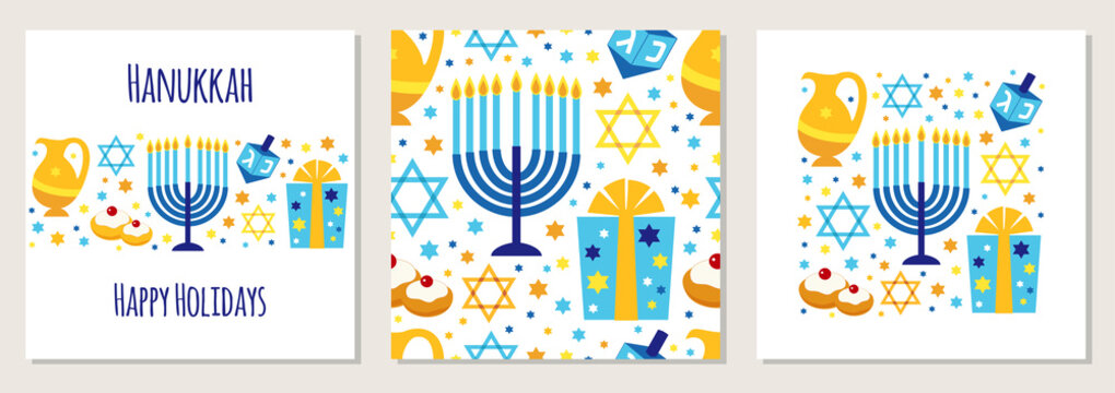 Cute set of Happy Hanukkah, Festival of Lights backgrounds in flat style