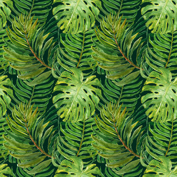 Watercolor tropical leaves seamless pattern. Exotic palm foliage and leaf on dark forest green background. Hand drawn botanical print. Jungle illustration