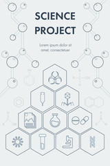 Science poster outline and monochrome design with molecular structure, organic chemistry formula and medical icon.