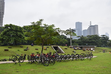 The cyclist community are gathering to enjoy the car free day moment at the new forest city in Jakarta.