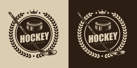 Original vector retro sports emblem. Hockey stick on the background of the puck.