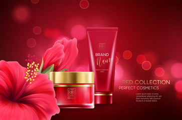 Cosmetics products with luxury collection composition on red blurred bokeh background with hibiscus flower. Vector illustration © vik_y