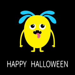 Happy Halloween. Yellow monster with eyes, fangs, hair, tongue. Funny Cute cartoon kawaii character. Baby collection. Flat design. Greeting card. Black background. Isolated.