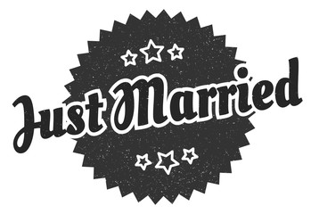 just married sign. just married round vintage retro label. just married