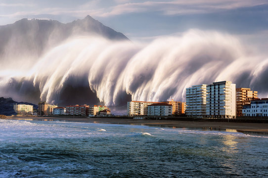 tsunami with a big wave crashing on coast houses