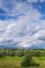 Fototapeta na wymiar Amazing perfect morning landscape in scenic countryside of Ukraine. Aerial vista view at horizon line, meadows, green forests and peaceful cloudy sky. Vertical photography.