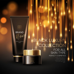 Cosmetics products with luxury collection composition on black blurred bokeh background. Vector illustration