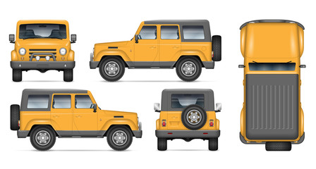 Offroad car vector mockup for vehicle branding, advertising, corporate identity. View from side, front, back, and top. All elements in the groups on separate layers for easy editing and recolor.